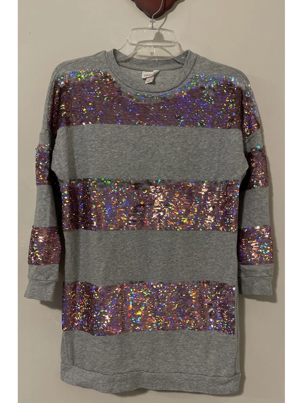 Cat Jack Girls -Large 10/12- Gray Sequined Tunic Style Sweatshirt Blouse! A6089